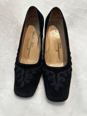 Salvatore Ferragamo Black Suede Embroidered Square-Toe Pumps